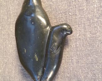 Eskimo Inuit Black Soapstone Carved Seal Mom and Pup