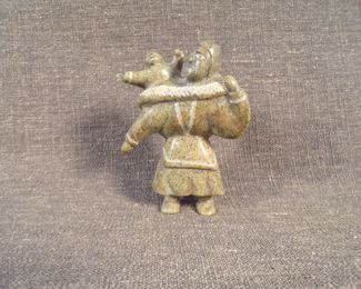 Eskimo Inuit Green Soapstone Carved Mother and Child