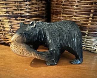Wood Carved Bear with Salmon Sculpture