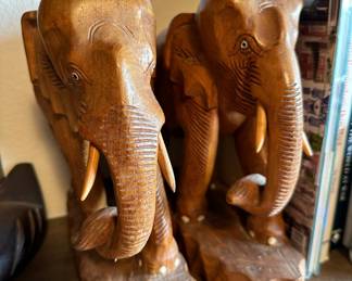 Pair of Carved Teak Wood Elephant Sculptures