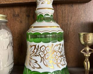 Green, White and Gold Bohemian Glass Decanter with Floral Design