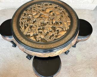 Asian Carved Wood Tea Table & Benches