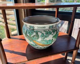 1960's Imari Green, Gold & White Cache Pot with Peacock Motif