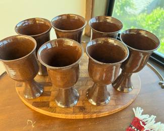 Set of 7 Brown Pottery Chalices Signed by Nancy