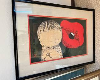 Karou Kawano "Child and Flower" Japanese Woodblock Print
