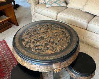 Asian Carved Wood Tea Table & Benches