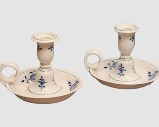 57. Pair Meissen Blue Onion Candleholders