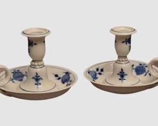 72. Pair Meissen Blue Onion Candleholders