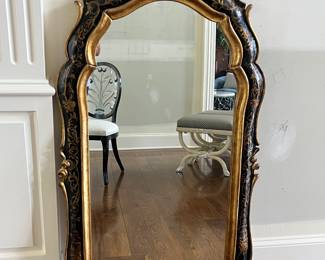 Hollywood Regency gold gilt & black, chinoiserie mirror