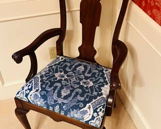 Pair of Queen Anne style armed dining chairs with blue & white upholstery