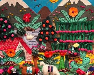 Peruvian Arpillera collage appliqué bursting with color! Wall hanging