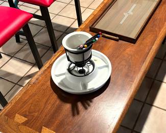 Mid Century Arts & Crafts wood inlay coffee table and fondue set!