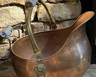 Antique copper coal scuttle with delft blue white ceramic handles