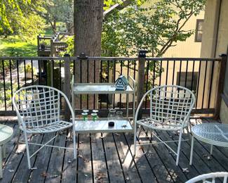 Two side chairs w round tables and a bar cart! Round table with four chairs not pictured.  Total 10!piece outdoor furniture set, with pads for chairs