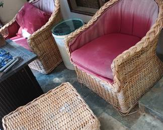 Pair of Wicker Club Chairs and Ottoman