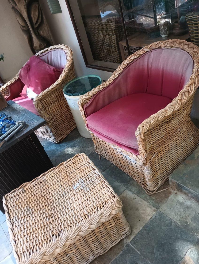 Pair of Wicker Club Chairs and Ottoman