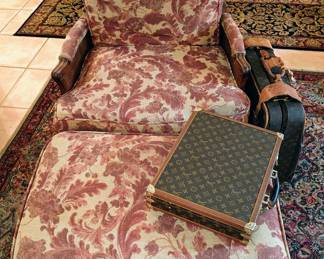 PAIR OF FRENCH CANE CHAIRS AND OTTOMANS