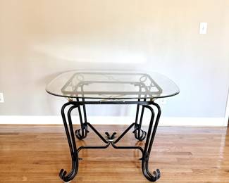 BLACK WROUGHT IRON TABLE WITH GLASS TOP, GOLD ACCENT