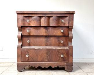 MAHOGANY FRONT FOUR DRAWER EMPIRE CHEST WITH SCROLL PILASTERS AND GLASS KNOBS