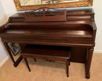 Wurlitzer spinet. serial no 435828. 37" tall x 57" wide, with bench