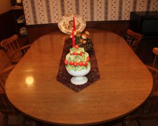 Ethan Allen dining table and four solid maple comb-back armchairs. 7" as shown, becomes 48" round without the two leaves