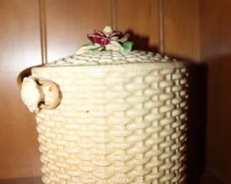 basketweave ceramic cookie jar with wicker handle
