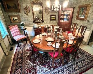 Dining table, Karastan Rug, Corner cabinet