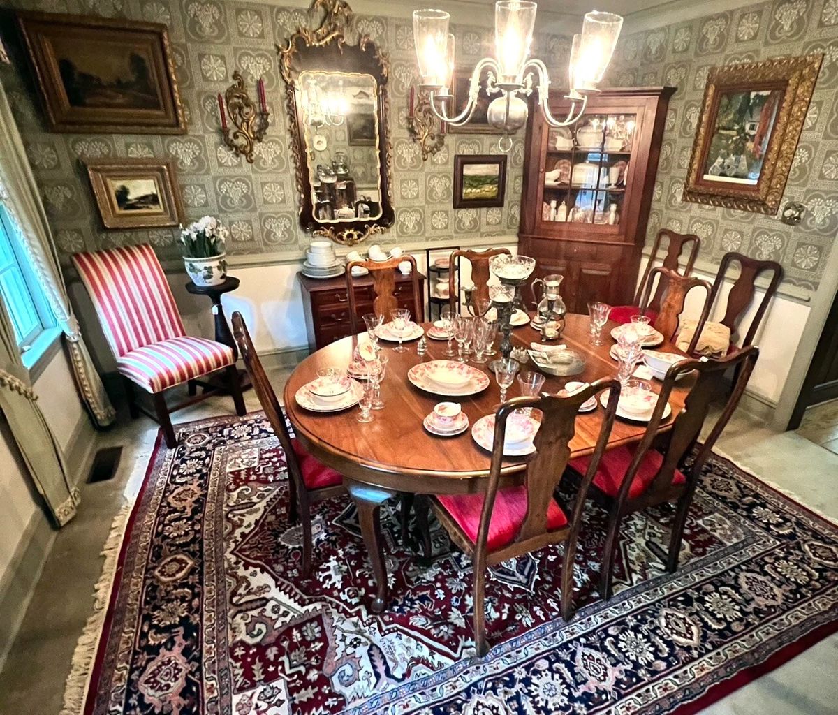 Dining table, Karastan Rug, Corner cabinet