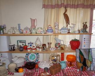 tea pots, pitchers, decor  McCoy Strawberry cookie jar, McCoy pitcher, Red Wing Pitcher, Tilson vase, Longaberger basket