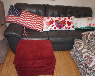 couch, foot stool, pillows