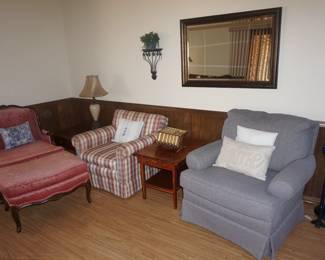 chairs, mirror, side tables