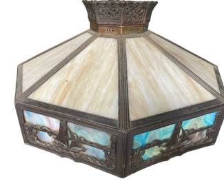 Large Antique Brass and Stained Glass Hanging Light with Sailboats