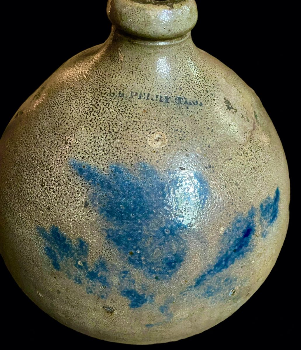 Scarce Cobalt-Decorated Stoneware Jug, Stamped S.S. PERRY / TROY New York State origin, circa 1828-1833