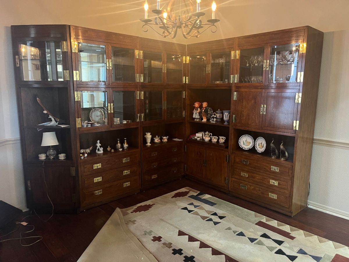 Henredon classic wood break front with movable sections to display along one wall or break up to cover several walls with cupboards and drawers