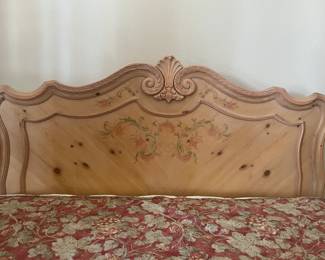 King size headboard made of natural wood with painted floral pattern 