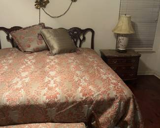 Henredon bedroom set with real  wood carved headboard, marble topped wood night stands