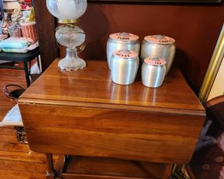 Maple Tea Cart, Converted Electric Kerosene Lamp, Aluminum Spun Pink Lid Cannister Set