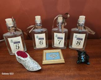 Shoe Pincushion, Framed Small Fan, Black Dog, Reproduction Cologne Bottles