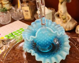 Fenton Hobnail Basket & Ruffled Dish