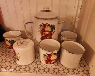 Discontinued Hallmark Jan Karan's Enamelware Coffee Pot & Mugs
