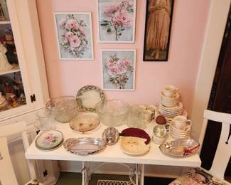 Antique Iron Sewing Machine Base made into a table with 5 Chairs, 2 Punch Bowls, Pfaltzgraff Tea Rose, Santa Platter, Vintage Pictures