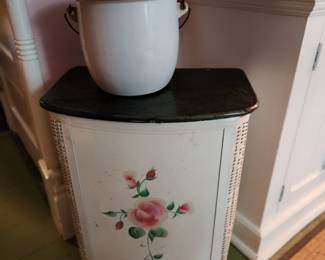 Vintage Clothes Hamper & White Enamelware Pot