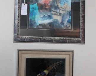 TOP 17X18 WATERCOLOR,    BOTTOM 12X16 ASIAN STONE PAINTING 1950'S