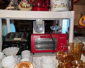 Toaster, toaster oven, milk glass items, carnival glass pitcher & glasses
