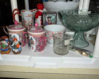 Punch bowl, glass cups with lids, bowls & more