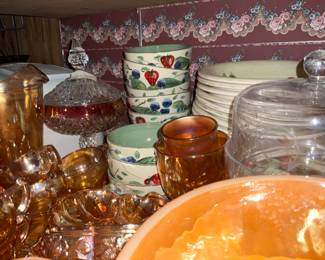 Carnival glass, candy dish, apple dishes 