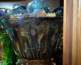 Carnival Glass - blue punch bowl on metal base with cups
