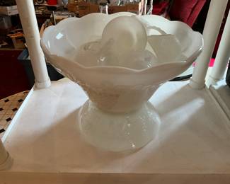 Kitchen - clise up of milk glass punch bowl & cups 