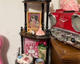 Bedroom - Dolls, toy China set new in box, piggy bank, miscellaneous & shelf