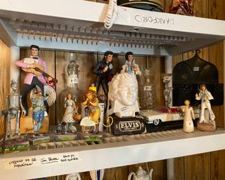 Elvis car, liquor containers including the bust of Elvis, small Elvis statue, collectible glass liquor bottles and “Jim Shore” Wizard of Oz - Tin Man, Scarecrow, Dorothy with Toto & Lion 